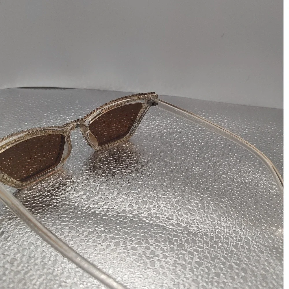 Rhinestone Cat Eye‎ Sunglasses Clear Frame Amber Lens Glam Bling 54-18-141